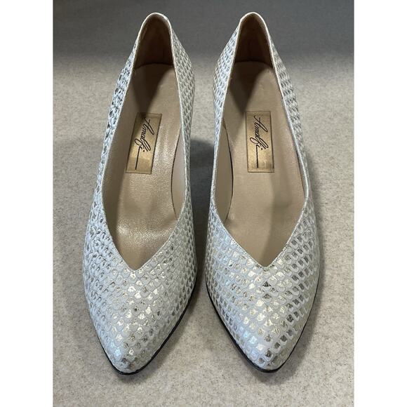 Amalfi Italian Leather Snakeskin Print White/Shiny Gold Pumps Women’s 8B Wedding - Picture 2 of 11